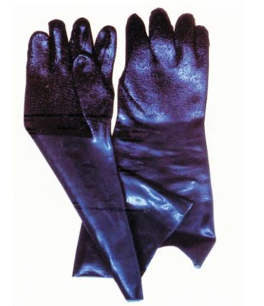 THX-7102 PVC Coated Glove, 100% Cotton Interlock Lining, Long Cuff, Black PVC Coating, Gramular Finish.