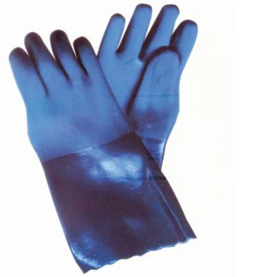 THX-7101 PVC Coated Glove, 100% Cotton Interlock Lining, Long Cuff, Blue PVC Coating, Sandy Finish.