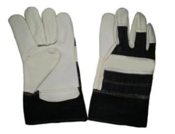 TH-7111 Cowhide Split Leather Glove, 10.5'' Light Color Furniture Leather Full Palm Glove, Denim/jean Cotton Back, And Pasted Cuff, Half Lining.