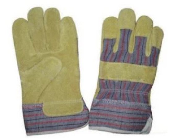 TH-8002 Cowhide Split Leather Glove, 10.5'' Yellow Cowhide Split Leather Full Palm Glove, 88 Style, Stripe Cotton Back And Pasted Cuff, Half Lining.