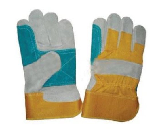 TH-3401 Cowhide Split Leather Glove, 10.5'' Grey Cowhide Split Leather Glove, Green Leather Reinforced Double Palm, Stripe Cotton Back And Rubberized Cuff, Half Lining.