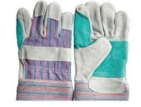 TH-3001 Cowhide Split Leather Glove, 10.5'' Grey Cowhide Split Leather Glove, Green Leather Reinforced Double Palm, Stripe Cotton Back And Rubberized Cuff, Half Lining.