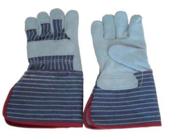 TH-2003 Cowhide Split Leather Glove, 12'' Grey Cowhide Split Leather Full Palm Glove, Stripped Cotton Back And Rubberizedcuff, Half Lining.