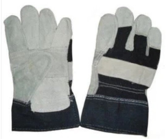 TH-1003 Cowhide Split Leather Glove, 10.5'' Deep Yellow Cowhide Split Leather Patch Palm Glove, Blue-yellow Stripe Cotton Back And Pasted Cuff, Half Lining.