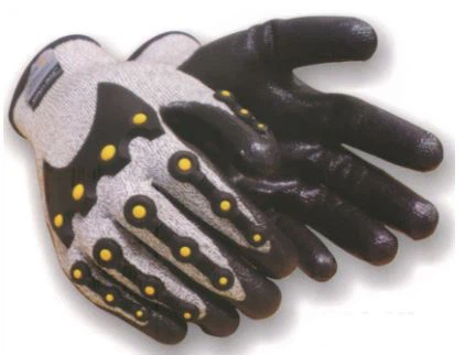 TPR-B1002 Latex Coated Gloves, 13 Gauge Blade * 5 Liner, Black Foam Nitrile Palm Coated, Heat Transfer Of Blade * 5 Design, TPR On Back Of Glove And Fingers.