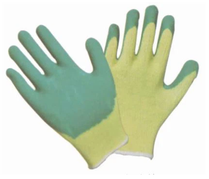 THX-5101 Latex Coated Gloves, Seamless 10G Crinkle Latex Coated Gloves, 10 Gauge Yellow T/C Shell, Green Latex Coating, Other Color Is Available.