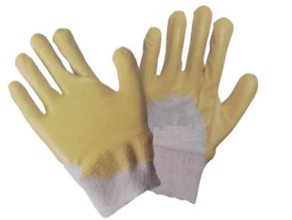 THX-2101 Nitrile Coated Gloves, 100% Cotton Interlock Lining, Knit Wrist, Yellow Nitrile Coating, Smooth Finish, Half Coated.