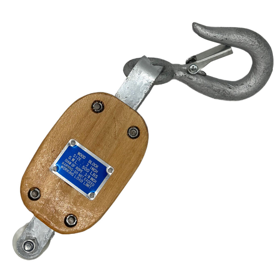 6" Wooden Pulley Block with Hook - Single Sheave