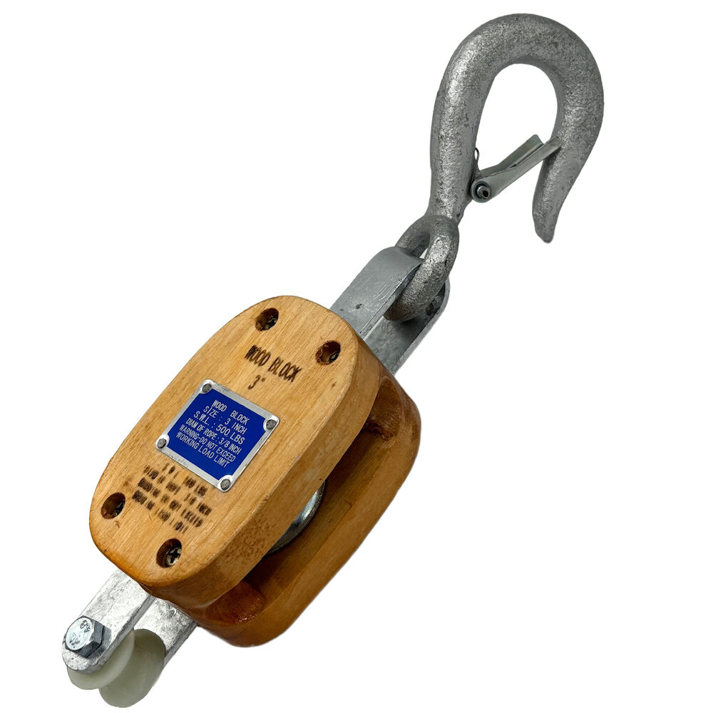 3" Wooden Pulley Block with Hook - Single Sheave
