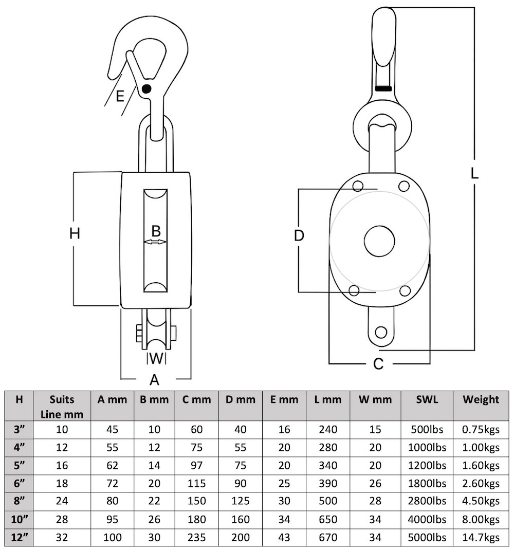 3" Wooden Pulley Block with Hook - Single Sheave